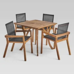 Chaucer 5pc Acacia And Mesh Dining Set - Teak/Black - Christopher Knight Home: Weather-Resistant, Square Table