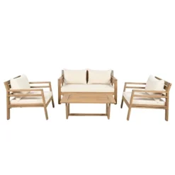 Christopher Knight Home Behram 4 Pieces Outdoor Acacia Wood Slat Design Seating Set, Beige -Ckhome2u Store GUEST 0410da9e 4442 458b 9e7c 5d8e59d8e1be