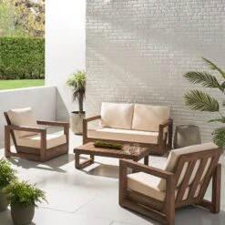 Christopher Knight Home Andrae Outdoor Acacia Wood 4 Seater Chat Set With Cushions, Brown And Beige
