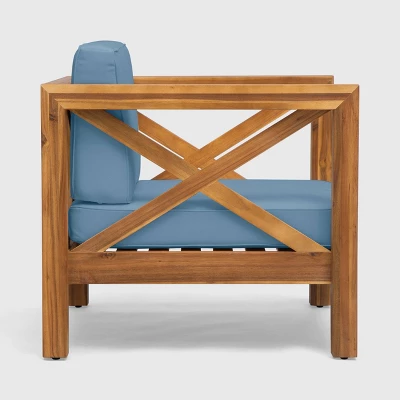 Brava 2pk Acacia Wood Club Chairs - Teak/Blue - Christopher Knight Home: Mid-Century Modern, Weather-Resistant 2 Brava 2pk Acacia Wood Club Chairs - Teak/Blue - Christopher Knight Home: Mid-Century Modern, Weather-Resistant - Image 2