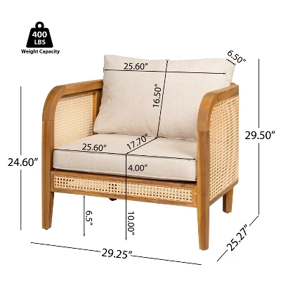 Christopher Knight Home Maciej Patio Rustic Acacia Wood Upholstered Club Chair With Rattan-Wrapped Frame, Teak/Beige 2 Christopher Knight Home Maciej Patio Rustic Acacia Wood Upholstered Club Chair With Rattan-Wrapped Frame, Teak/Beige - Image 2