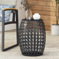 Modern Iron Patio Side Table With Cross-Cut Design, Powder-Coated Frame, Barrel Outdoor End Table, Patio End Tables -Christopher Knight Home
