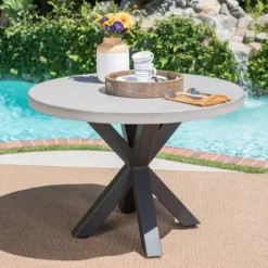 Goleta Round Concrete & Iron Dining Table - White - Christopher Knight Home
