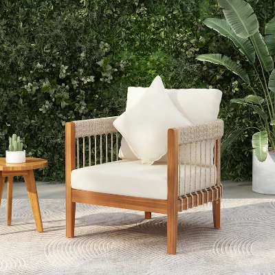 Christopher Knight Home Clifton Patio Rustic Acacia And Rope Upholstered Club Chair With Curved Back 9 Christopher Knight Home Clifton Patio Rustic Acacia And Rope Upholstered Club Chair With Curved Back - Image 9