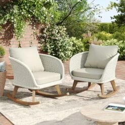 Christopher Knight Home Hattie Patio Contemporary Rattan And Acacia Wood Rocking Chair With Cushion (Set Of 2)