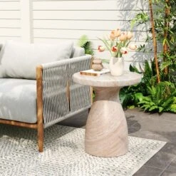 Christopher Knight Home Genesis Outdoor Hourglass Shape Travertine Lightweight Concrete Side Table