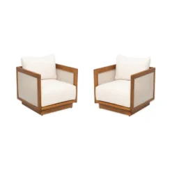 Christopher Knight Home Grath Patio Mid-Century Modern Acacia Wood Textilene Club Chair With Thick Cushion