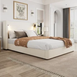 Christopher Knight Home Angelo Wood Upholstered Platform Bed With Headboard And Reading Lamp, White