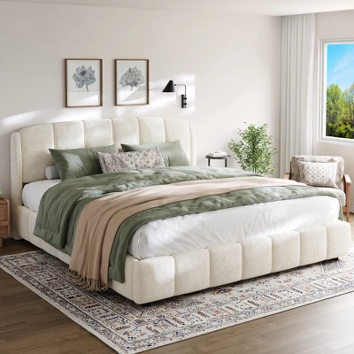 Christopher Knight Home Ella Boucle Upholstered Platform Bed With Headboard, Beige, King 1 Christopher Knight Home Ella Boucle Upholstered Platform Bed With Headboard, Beige, King