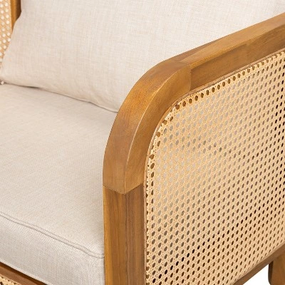 Christopher Knight Home Maciej Patio Rustic Acacia Wood Upholstered Club Chair With Rattan-Wrapped Frame, Teak/Beige 6 Christopher Knight Home Maciej Patio Rustic Acacia Wood Upholstered Club Chair With Rattan-Wrapped Frame, Teak/Beige - Image 6