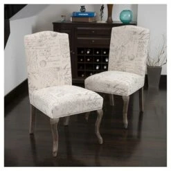 Christopher Knight Home Set Of 2 Crown Top French Script Fabric Dining Chair Wood/Beige: Elegant Linen & Cotton Upholstery, Hardwood Frame -Ckhome2u Store GUEST 5100c79b cbc9 4a16 a746 353f0d0d585c