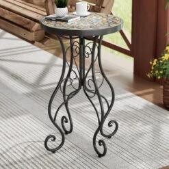Christopher Knight Home Anna Outdoor Iron And Ceramic Tile Floral Design Accent Table, Colorful/Black