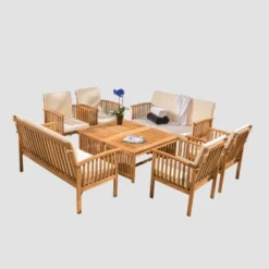 Carolina 8pc Acacia Patio Set - Brown Patina/Cream - Christopher Knight Home: Weather-Resistant, Galvanized Steel Hardware