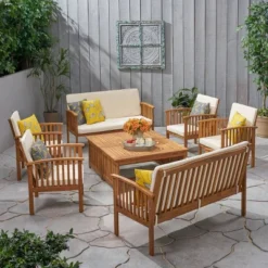Carolina 8pc Acacia Patio Set - Brown Patina/Cream - Christopher Knight Home: Weather-Resistant, Galvanized Steel Hardware -Ckhome2u Store GUEST 68907f3d c977 4730 bd90 8068fc3e7454