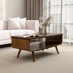 Christopher Knight Home Otto Solid Wood 44" W Coffee Table With Slatted Tabletop And Shelf