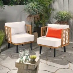 Christopher Knight Home Nic Outdoor Wicker And Acacia Wood Club Chair With Cushions