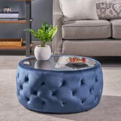 Chana Glam Coffee Table Ottoman Blue - Christopher Knight Home: Velvet, Tempered Glass, Luxury Living Room Furniture