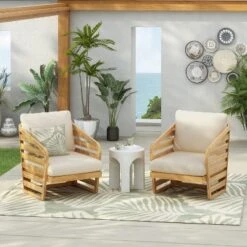 Christopher Knight Home Venteb Patio Slat Design Acacia Wood Upholstered Club Chair, Teak/Beige, Set Of 4