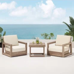 Christopher Knight Home Andrae Outdoor Acacia Wood 3 Piece Chat Set With Cushions, Brown And Beige