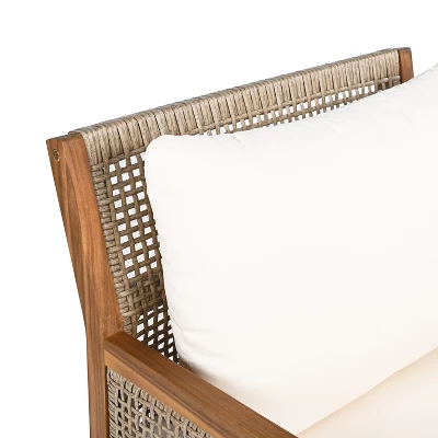 Christopher Knight Home Grania Patio Rattan And Acacia Wood Club Chair With Cushion, Brown/Cream 6 Christopher Knight Home Grania Patio Rattan And Acacia Wood Club Chair With Cushion, Brown/Cream - Image 6