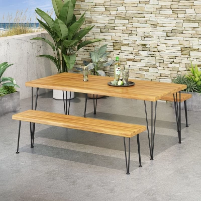 Christopher Knight Home Zion Outdoor Modern Industrial Acacia Wood 3 Piece Picnic Set With Hairpin Legs, Teak And Rustic Metal 4 Christopher Knight Home Zion Outdoor Modern Industrial Acacia Wood 3 Piece Picnic Set With Hairpin Legs, Teak And Rustic Metal - Image 4