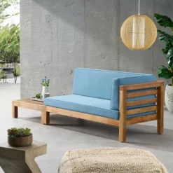 2pk Oana Outdoor Acacia Wood Right Arm Loveseat & Coffee Table With Cushion Teak/Blue - Christopher Knight Home -Ckhome2u Store GUEST 8939af34 5dd3 463c 8505 49382926ed16