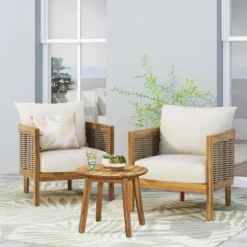 Christopher Knight Home Burchett 3 Piece Patio Acacia Wood And Faux Rattan Chat Set With Cushions