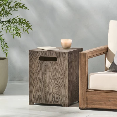 Wellington Outdoor Square Iron Tank Holder Side Table Brown Wood Pattern - Christopher Knight Home 2 Wellington Outdoor Square Iron Tank Holder Side Table Brown Wood Pattern - Christopher Knight Home - Image 2