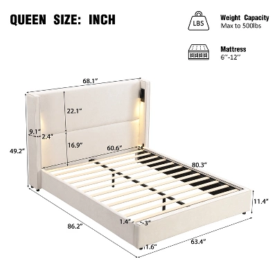 Christopher Knight Home Angelo Wood Upholstered Platform Bed With Headboard And Reading Lamp, White 2 Christopher Knight Home Angelo Wood Upholstered Platform Bed With Headboard And Reading Lamp, White - Image 2