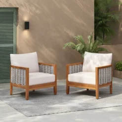 Christopher Knight Home Liliana Modern Patio Acacia Wood Woven Rope Armchair With Thick Cushions