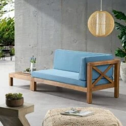 2pc Brava Outdoor Acacia Wood Right Arm Loveseat & Coffee Table With Cushion Teak/Blue - Christopher Knight Home -Ckhome2u Store GUEST b6f2328d 7a77 485b 86bd 60fde3cf808f