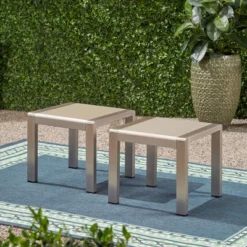 Cape Coral 2pk Aluminum Patio Side Table Gray / Silver - Christopher Knight Home: Frosted Glass, Weather-Resistant
