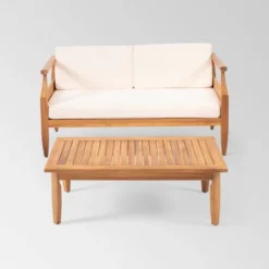 Aston 2pc Acacia Mid-Century Modern Loveseat Set - Teak/Cream - Christopher Knight Home