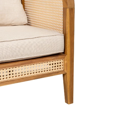 Christopher Knight Home Maciej Patio Rustic Acacia Wood Upholstered Club Chair With Rattan-Wrapped Frame, Teak/Beige 7 Christopher Knight Home Maciej Patio Rustic Acacia Wood Upholstered Club Chair With Rattan-Wrapped Frame, Teak/Beige - Image 7