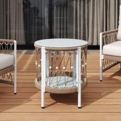 Christopher Knight Home Siren Bohemian Patio Side Table With Handwoven Rope And Glass Top