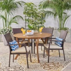 Baldwin 5pc Acacia Wood & Wicker Dining Set - Teak/Brown/Cream - Christopher Knight Home