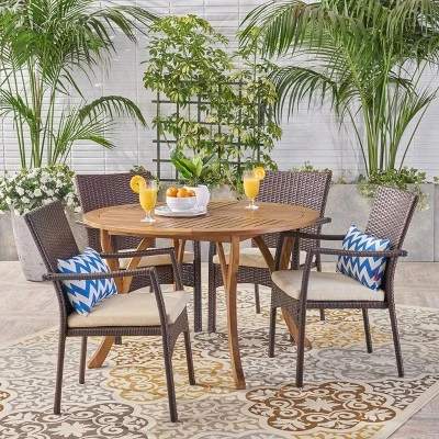 Baldwin 5pc Acacia Wood & Wicker Dining Set - Teak/Brown/Cream - Christopher Knight Home 1 Baldwin 5pc Acacia Wood & Wicker Dining Set - Teak/Brown/Cream - Christopher Knight Home