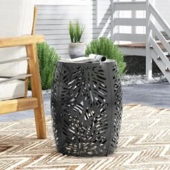 Iron-cut Outdoor Side Table With Tropical Palm Leaf Pattern, Minimalist Barrel-Shaped Patio End Table, Outdoor End Tables -Christopher Knight Home -Ckhome2u Store GUEST c568517f 7c29 43ad 8e56 f93006fab44d