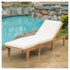 Ariana Acacia Wood Patio Chaise Lounge With Cushion -Teak Finish - Christopher Knight Home: Poolside Daybed, Adjustable Back
