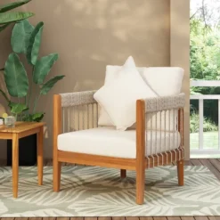 Christopher Knight Home Clifton Patio Rustic Acacia And Rope Upholstered Club Chair With Curved Back