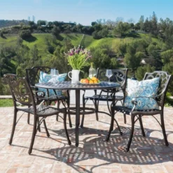 Christopher Knight Home Alfresco Outdoor Aluminum 5 Piece Dining Set With Lattice Design And Umbrella Hole, Bronze