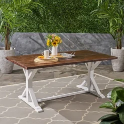 Christopher Knight Home Outdoor Acacia Wood Dining Table With Trestle Base, Dark Brown/White