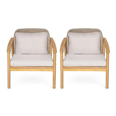 Christopher Knight Home Adcock Patio Woven Rope Acacia Wood Club Chair With Cushion (Set Of 2), Brown 8 Christopher Knight Home Adcock Patio Woven Rope Acacia Wood Club Chair With Cushion (Set Of 2), Brown - Image 8