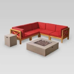 Brava 7pc Acacia Sectional Sofa Set With Fire Pit - Christopher Knight Home