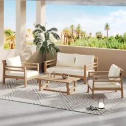 Christopher Knight Home Behram 4 Pieces Outdoor Acacia Wood Slat Design Seating Set, Beige