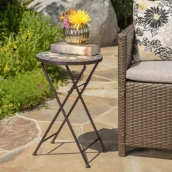 Silvester Stone Side Table - Beige/Black - Christopher Knight Home: Weather-Resistant, Iron Frame, Mosaic Top, No Assembly Required