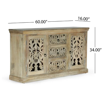 Horeb Boho Handcrafted Mango Wood 3 Drawer Sideboard Antique White - Christopher Knight Home 9 Horeb Boho Handcrafted Mango Wood 3 Drawer Sideboard Antique White - Christopher Knight Home - Image 9