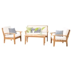 Peyton 4pc Acacia Wood Chat Set W/ Cushions - Beige - Christopher Knight Home