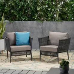 Handford 2pk Aluminum & Rope Club Chair Black/Gray: Weather-Resistant Patio Accent Chairs - Christopher Knight Home