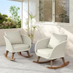 Christopher Knight Home Hattie Patio Contemporary Rattan And Acacia Wood Rocking Chair With Cushion (Set Of 2) -Ckhome2u Store GUEST fc2a19cd bf3d 4cc2 8a71 589cfe652227